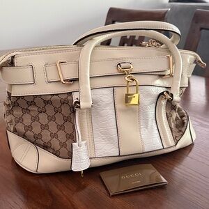 Classic Gucci Padlock - Cream and Brown Satchel with Gold Accents